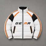 White & Black Puffer Jacket with Orange Racing