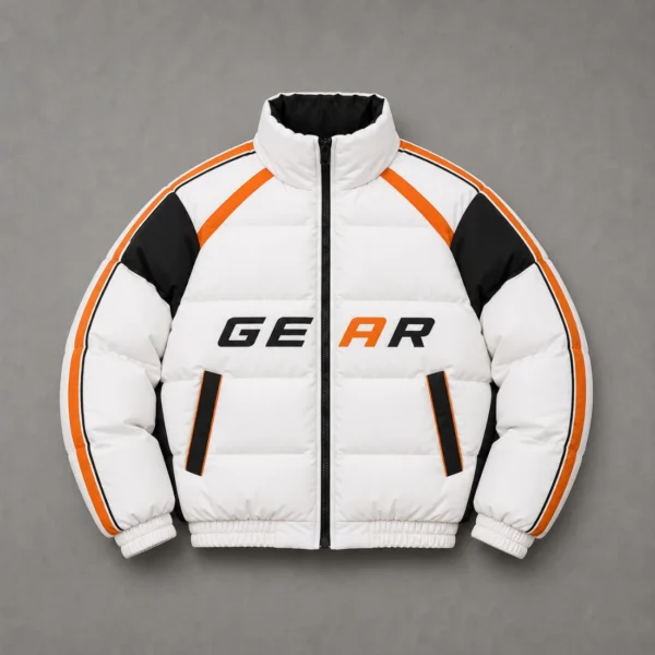White & Black Puffer Jacket with Orange Racing
