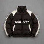 Dark Chocolate Brown Puffer Jacket with Cream Racing Details
