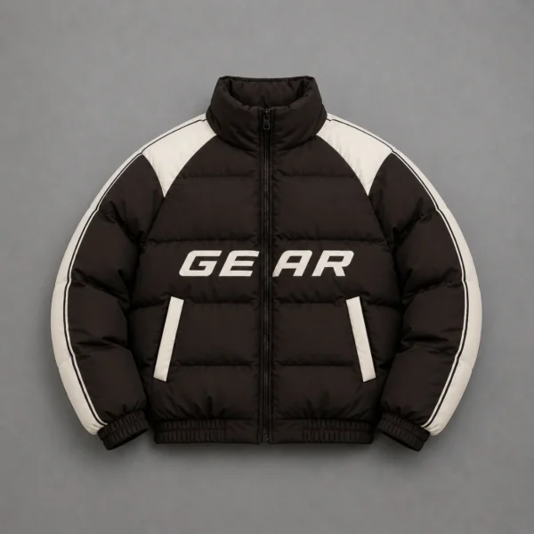 Dark Chocolate Brown Puffer Jacket with Cream Racing Details
