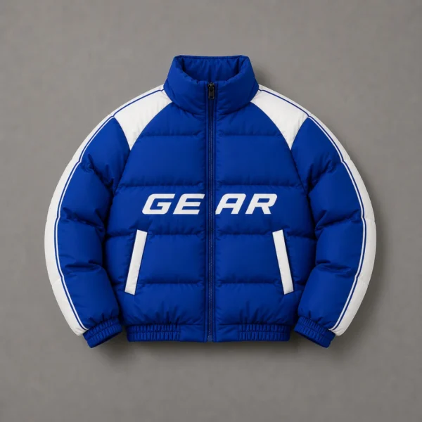 Blue & White Puffer Jacket with High Collar