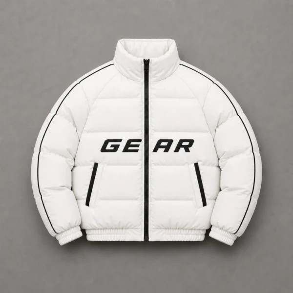 White & Black Puffer Jacket with High Collar