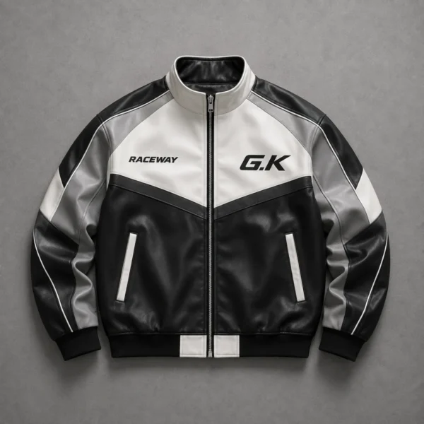 Neon Drift Racing Jacket | Black and White Leather