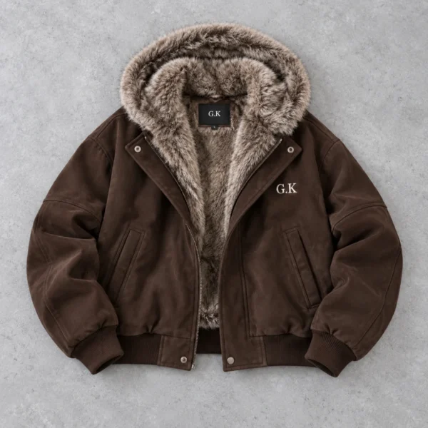 Brown Sherpa Hooded Bomber Jacket