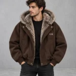 Brown Sherpa Hooded Bomber Jacket - Image 4