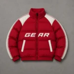 Red Puffer Jacket with White Racing Stripes