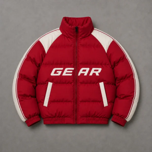 Red Puffer Jacket with White Racing Stripes