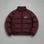 Burgundy Puffer Jacket with Contrast Sleeve Piping