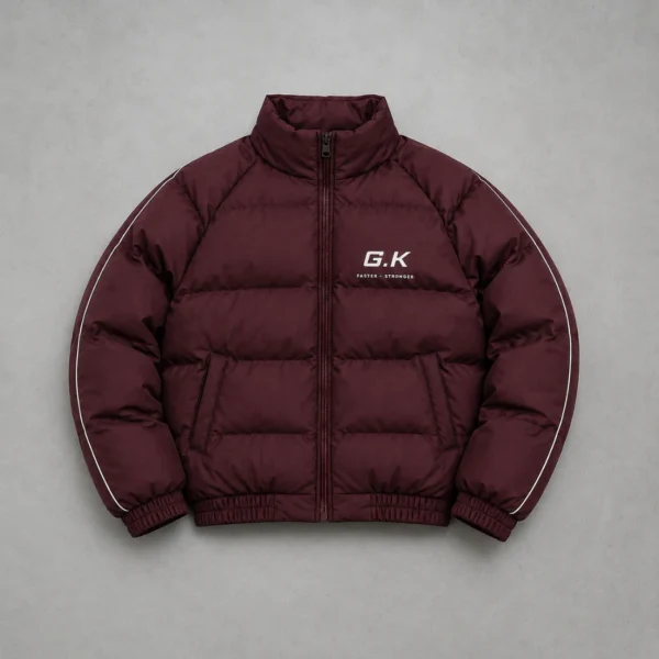 Burgundy Puffer Jacket with Contrast Sleeve Piping